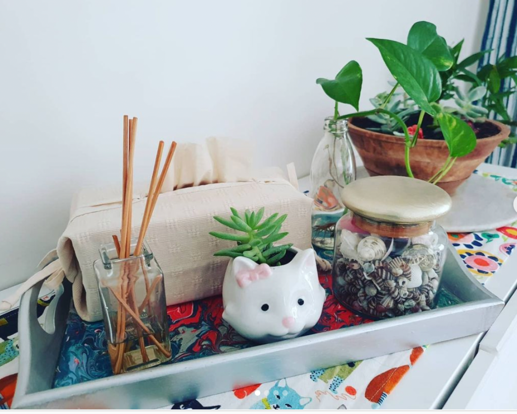 Tray styling with plants and decorative items
