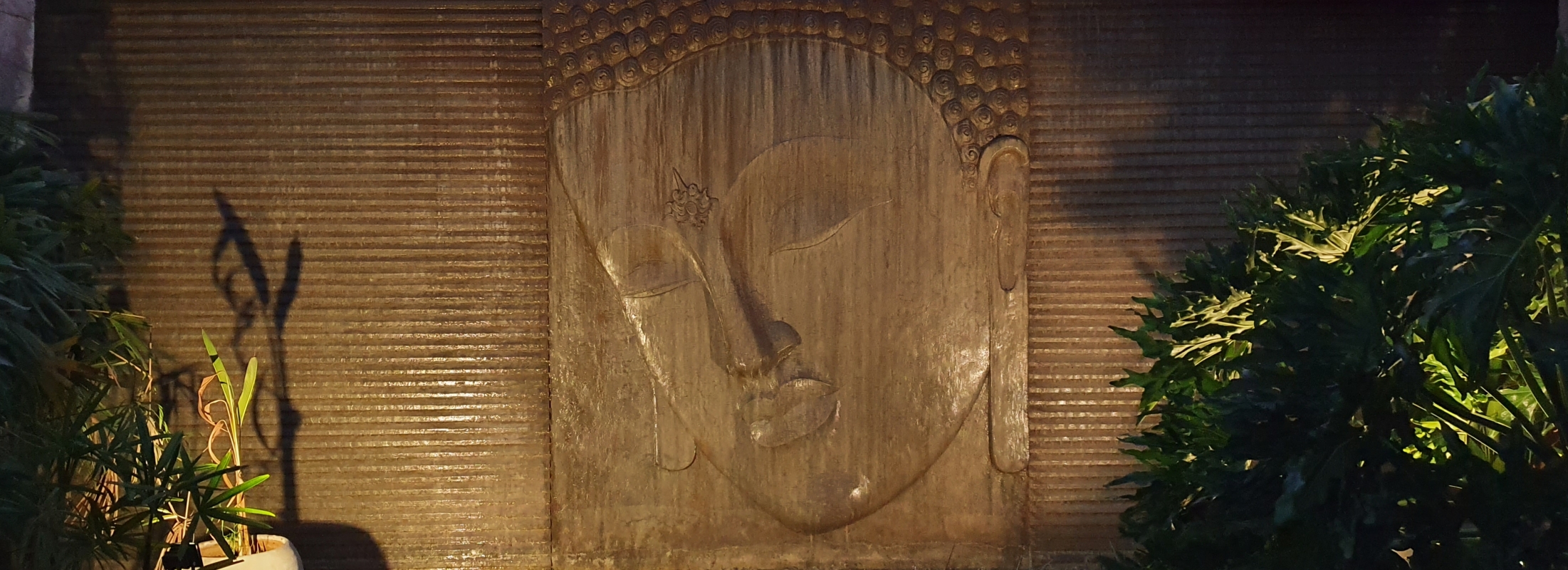 Mural of Buddha's face lit up at night