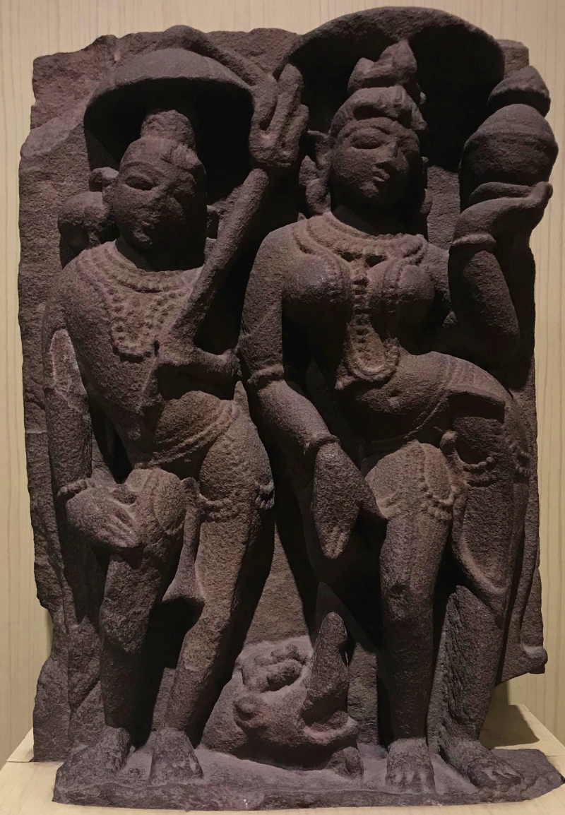 ancient stone carving of 2 women from india displayed at the salar jung museum