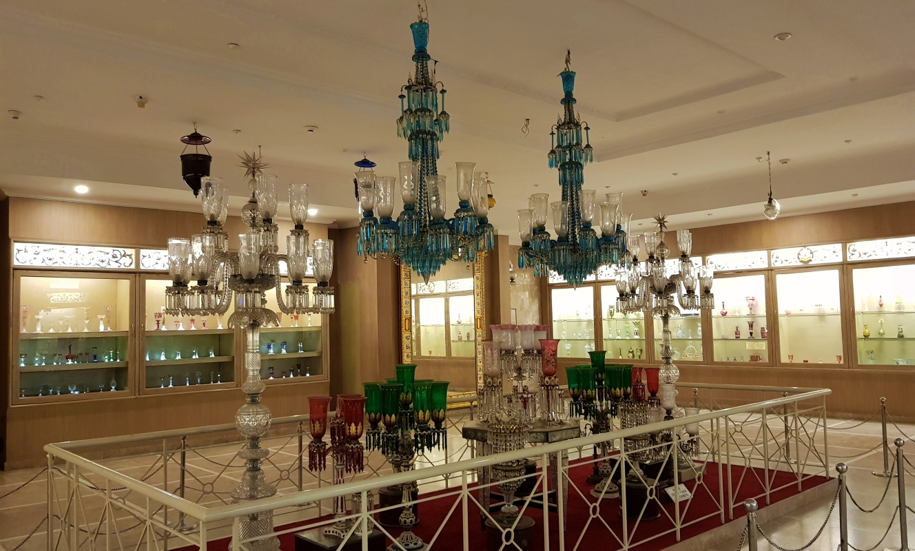 Salar jung Museum gallery with colourful chandeliers