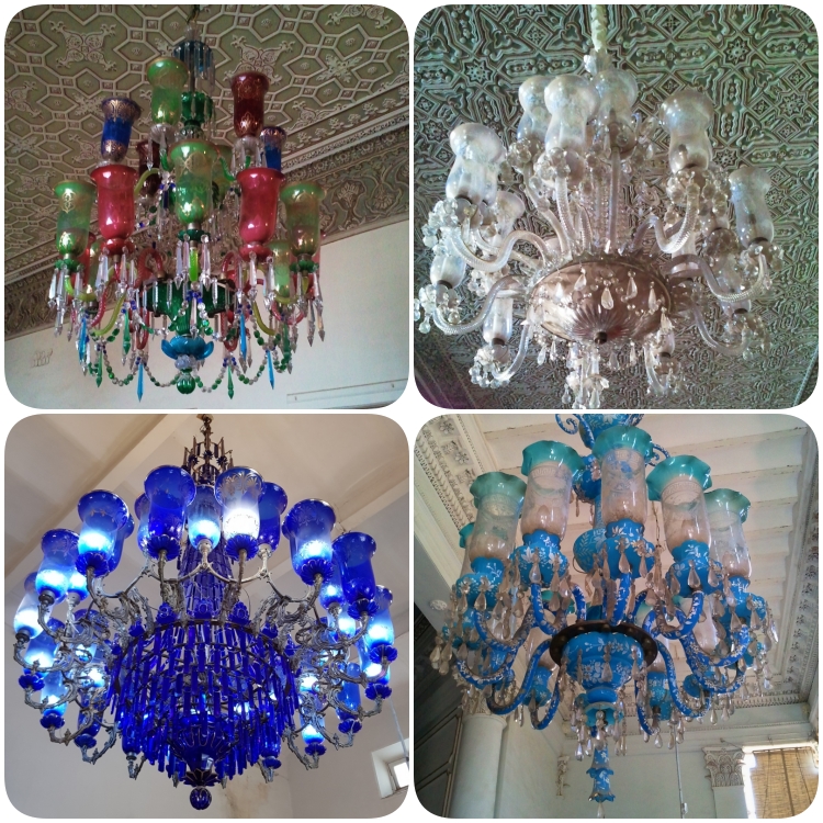 collage of chandeliers at the chowmahalla palace