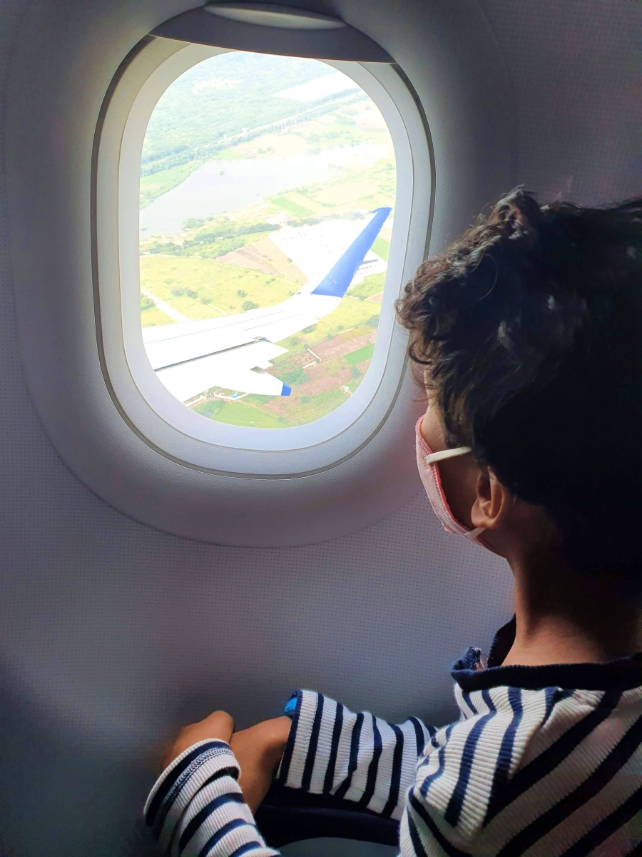 child inside a flight looking out the plane window