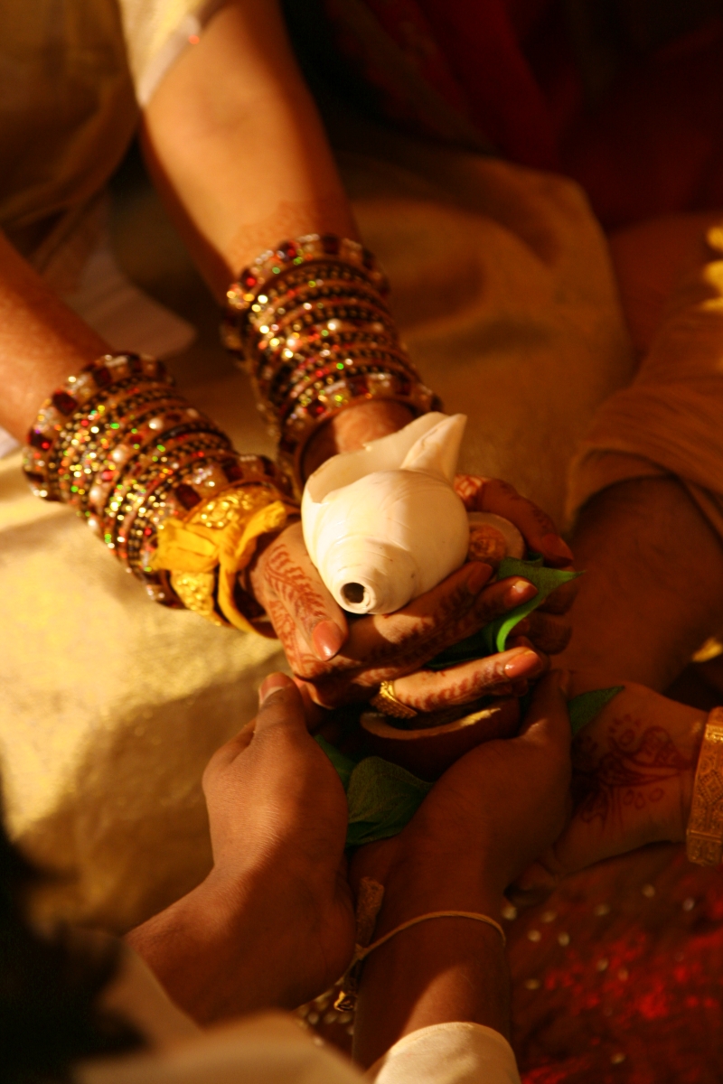 bride and groom's hands holding a conch shell as part of the hindu wedding rituals