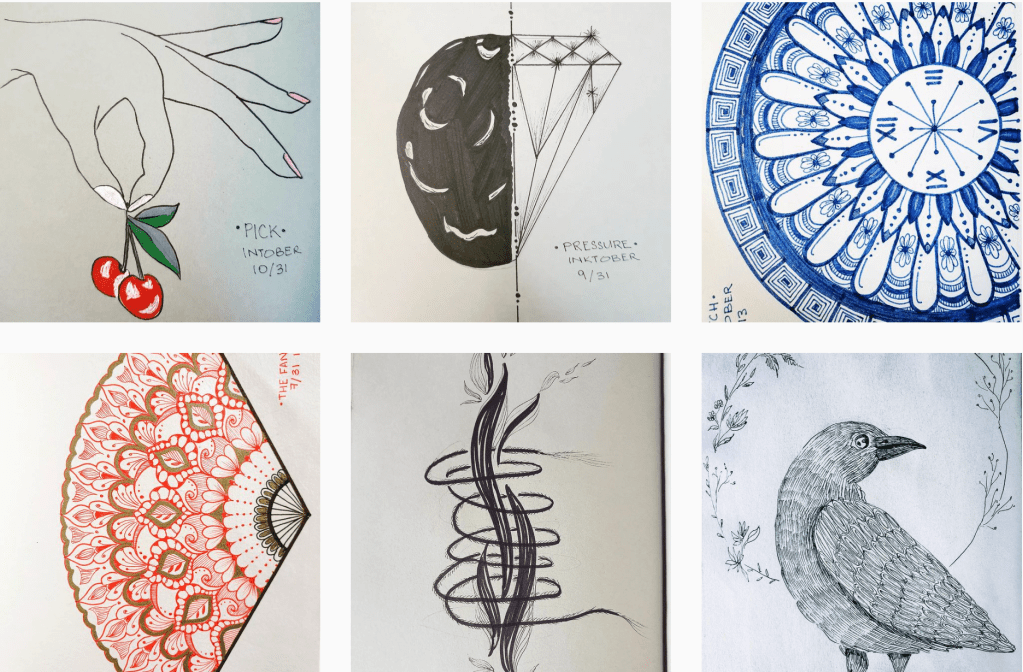 Instagram layout feed of the Inktober 2021 prompts