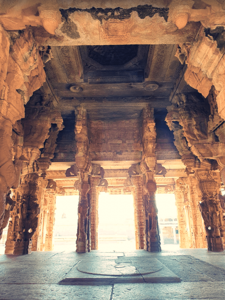 Hampi Vijaya Vittala temple with elaborately carved stone pillars