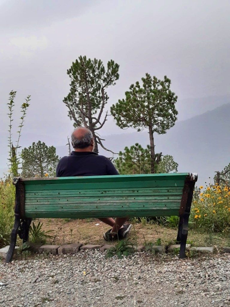 man sitting on a bench overlooking the mountains and valley beyond