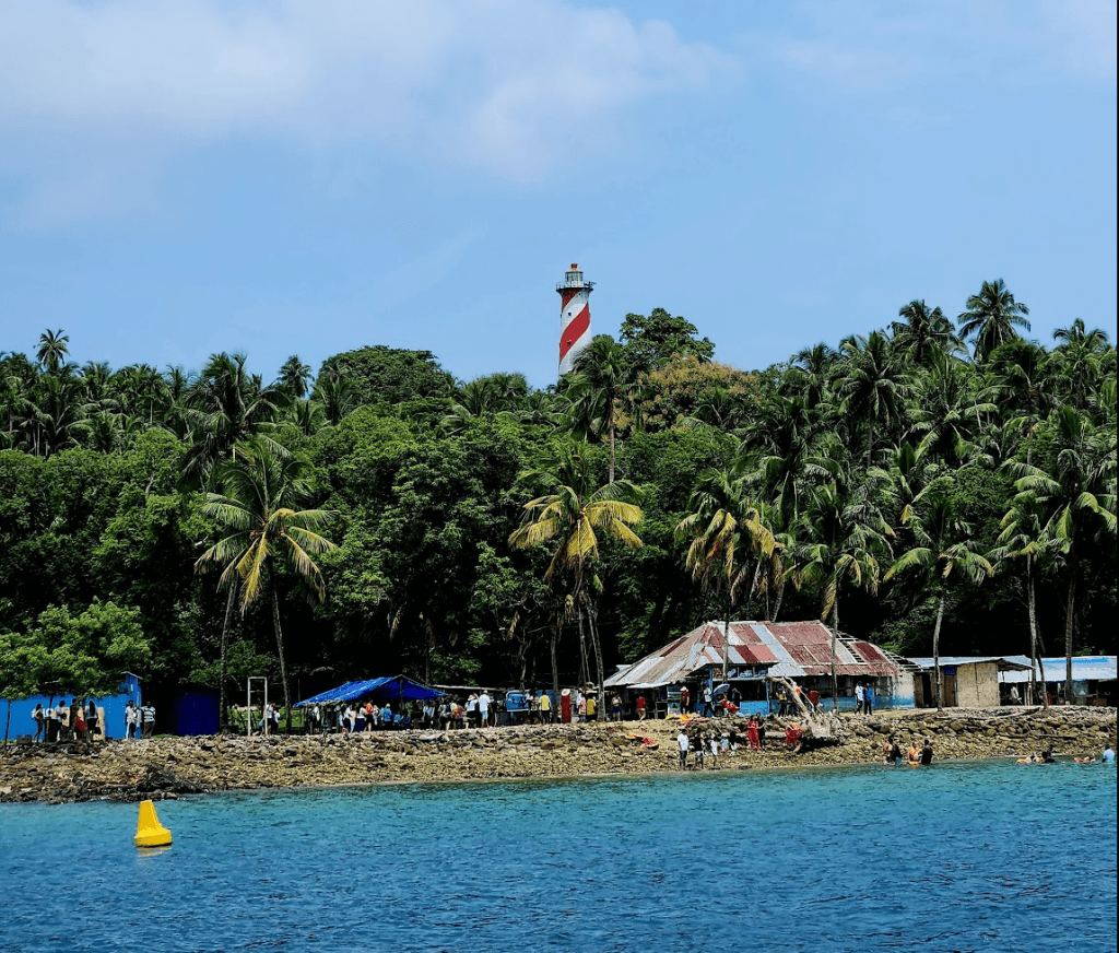 Island coast with a sand beach and a forest of palm trees with a red and white lighthouse jutting out from between