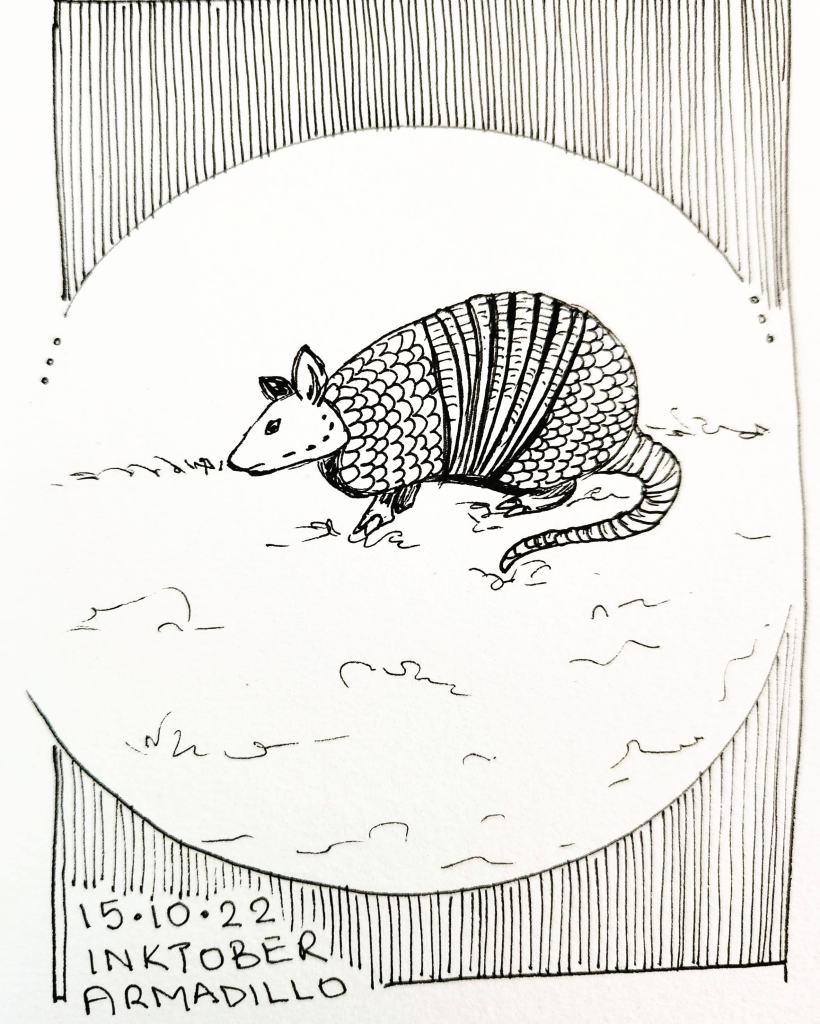 Inktober 2022 Day 15 prompt: Armadillo. Sketch of an armadillo from the side, inside a circle with straight lines drawn outside the circle for artistic effect