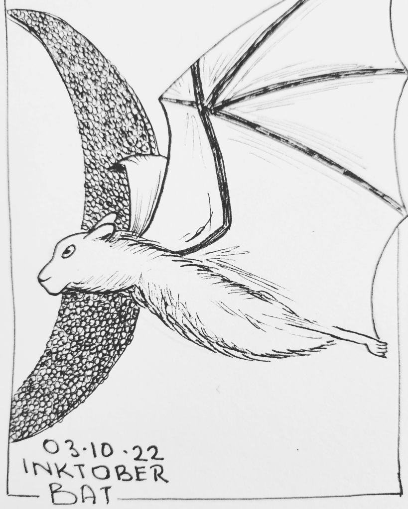 Inktober 2022 Day 3 prompt: Bat. Drawing of the side view of a flying bat with a crescent shaped moon in the background