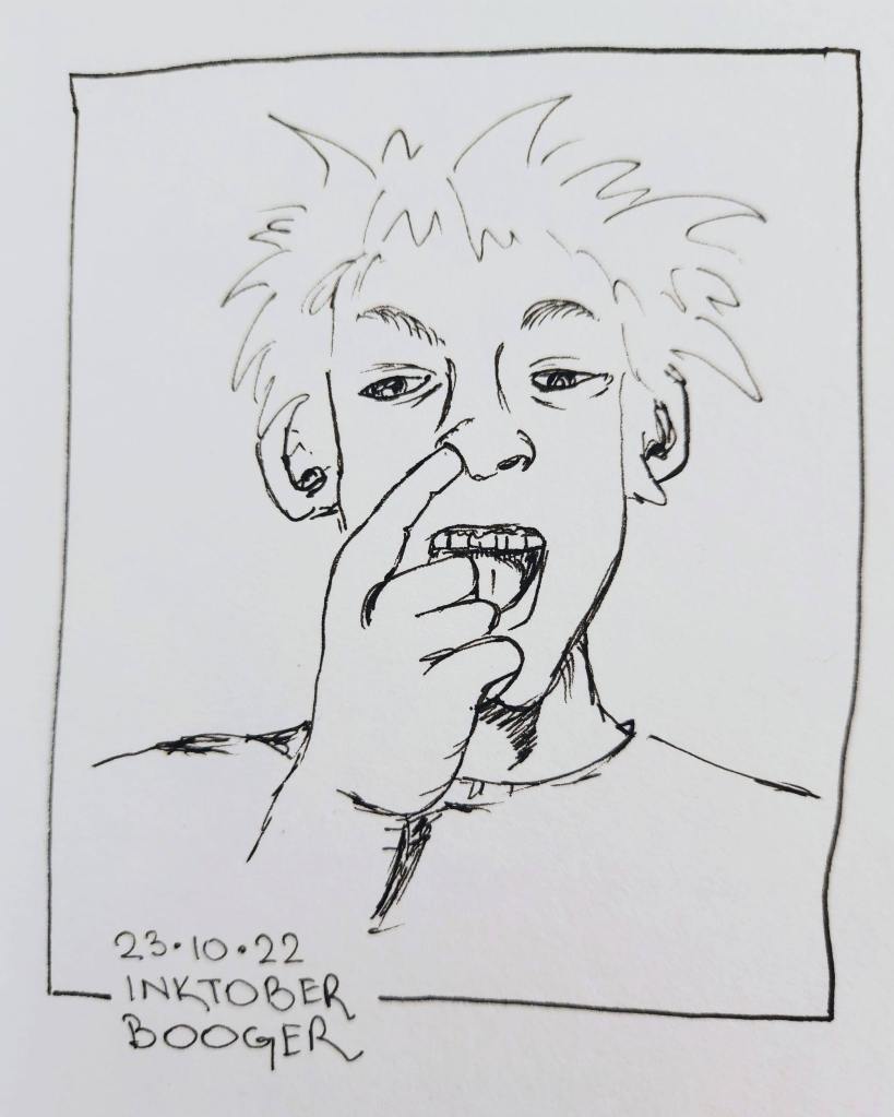 Inktober 2022 Day 23 prompt: Booger. Sketch of a person with wild short hair putting their finger in their nose and laughing