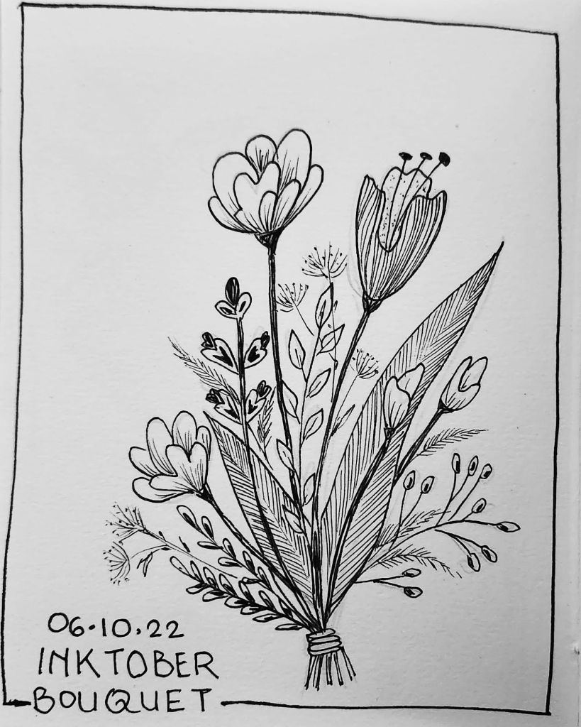 Inktober 2022 Day 6 prompt: Bouquet. Doodle od a bunch of flowers tied up together with string of a