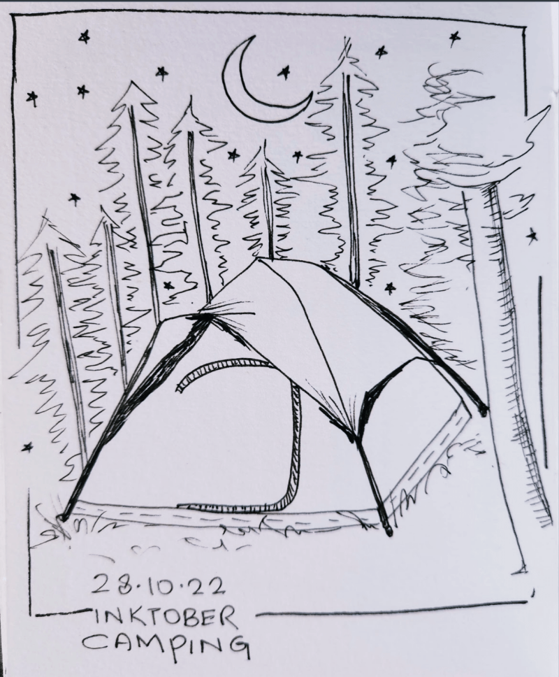 Inktober 2022 Day 28 prompt: Camping. Drawing of a tent with trees around it and the night sky with a crescent moon and stars.