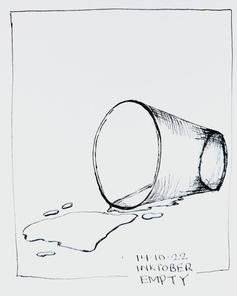 Inktober 2022 Day 14 prompt: Empty. Drawing of a glass that has fallen over and all the water spilled out