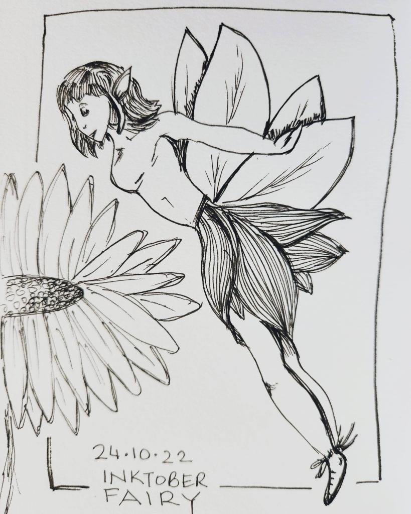 Inktober 2022 Day 24 prompt: Fairy. Drawing of an androgynous fairy with a leafy skirt and wings hovering over a flower