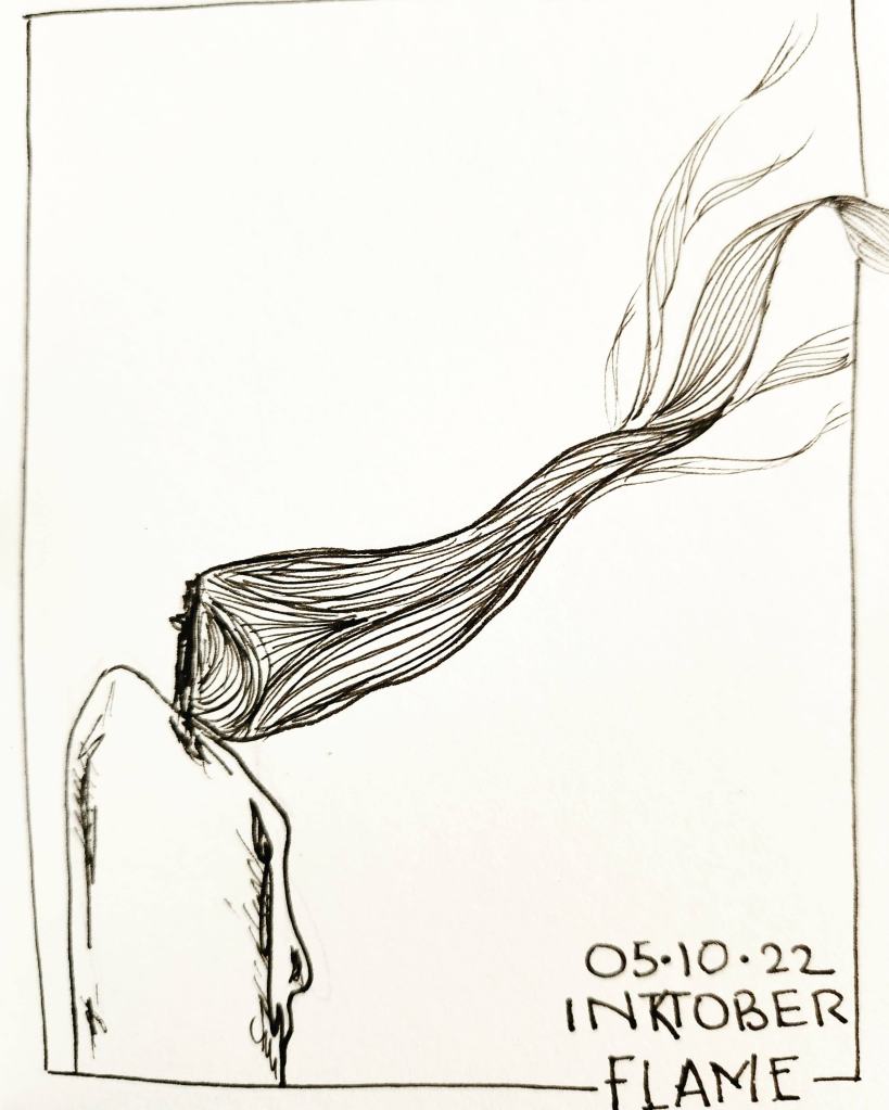 Inktober 2022 Day 5 prompt: Flame. Drawing of a candle with a flame blowing in the breeze