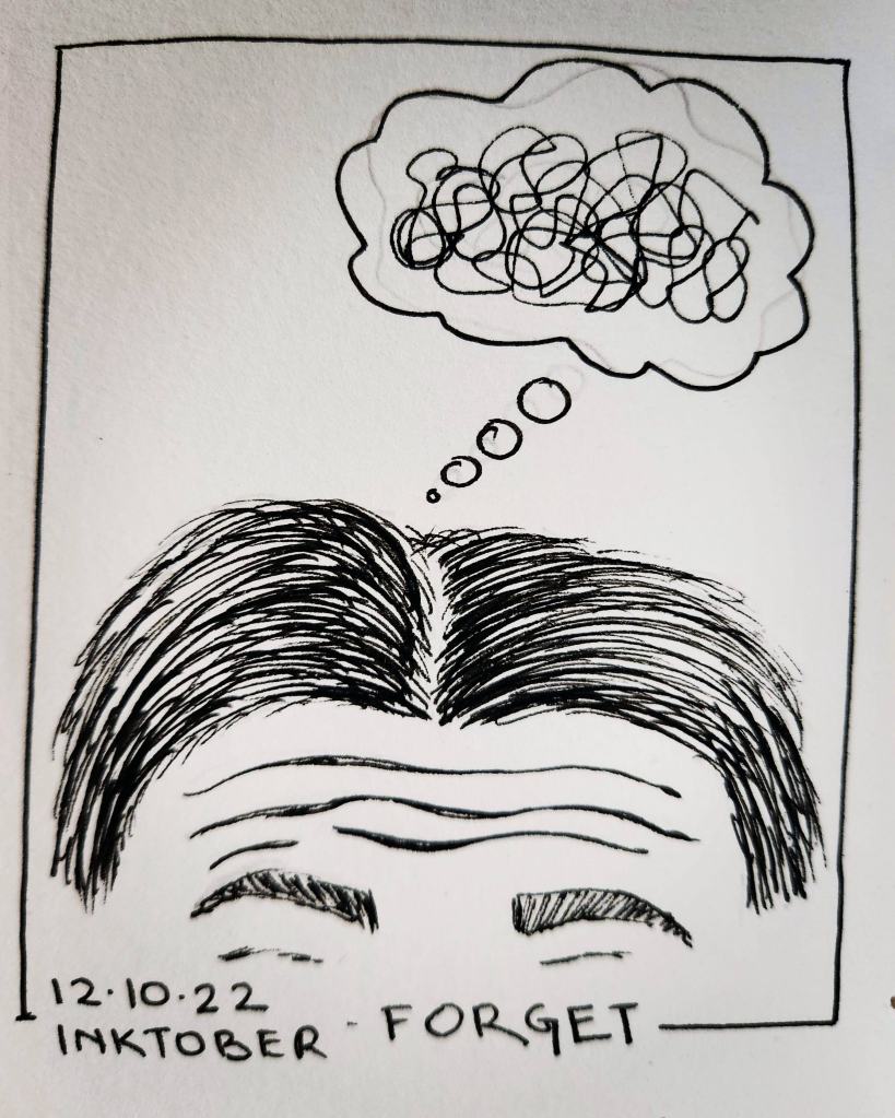 Inktober 2022 Day 12 prompt: Forget. drawing of a furrowed brow with a though bubble showing scribbles