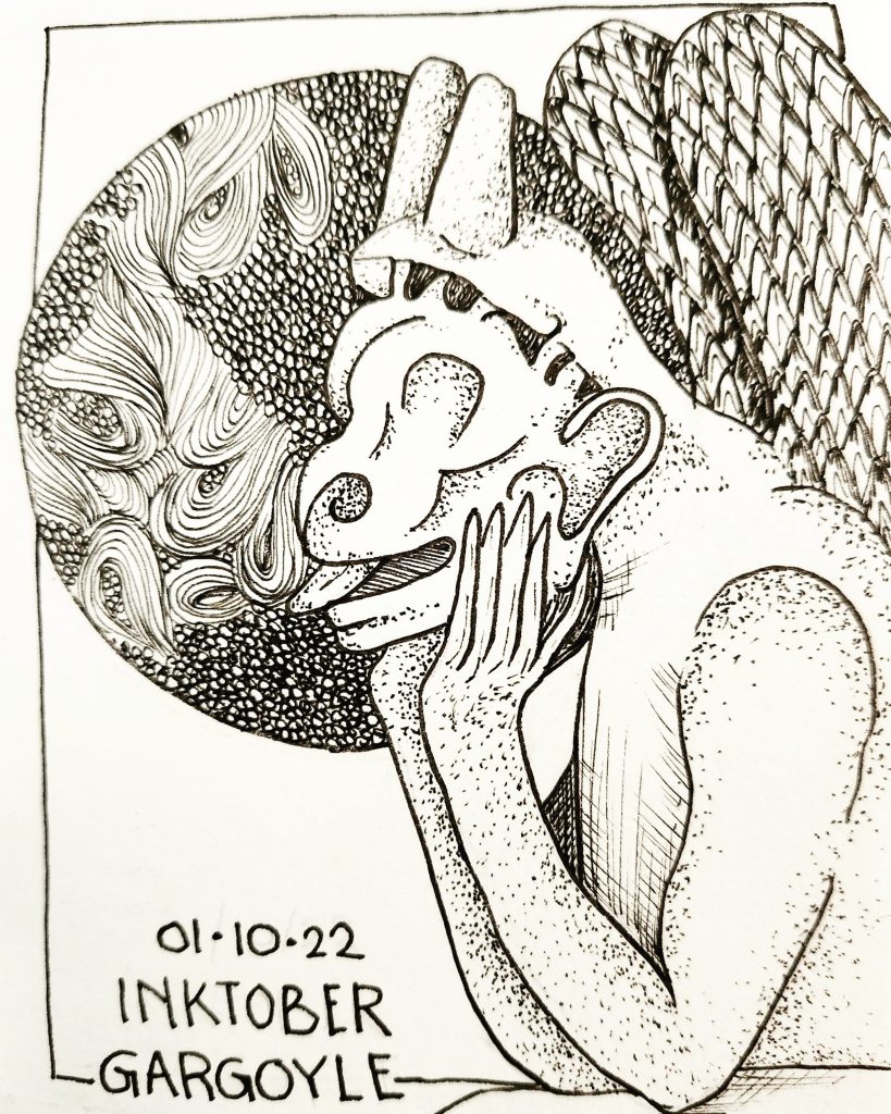 Inktober 2022 Day 1 prompt: Gargoyle. Stippled drawing of the top half of a gargoyle with wings with a circle in the background depicting the moon doodled with circles and lines