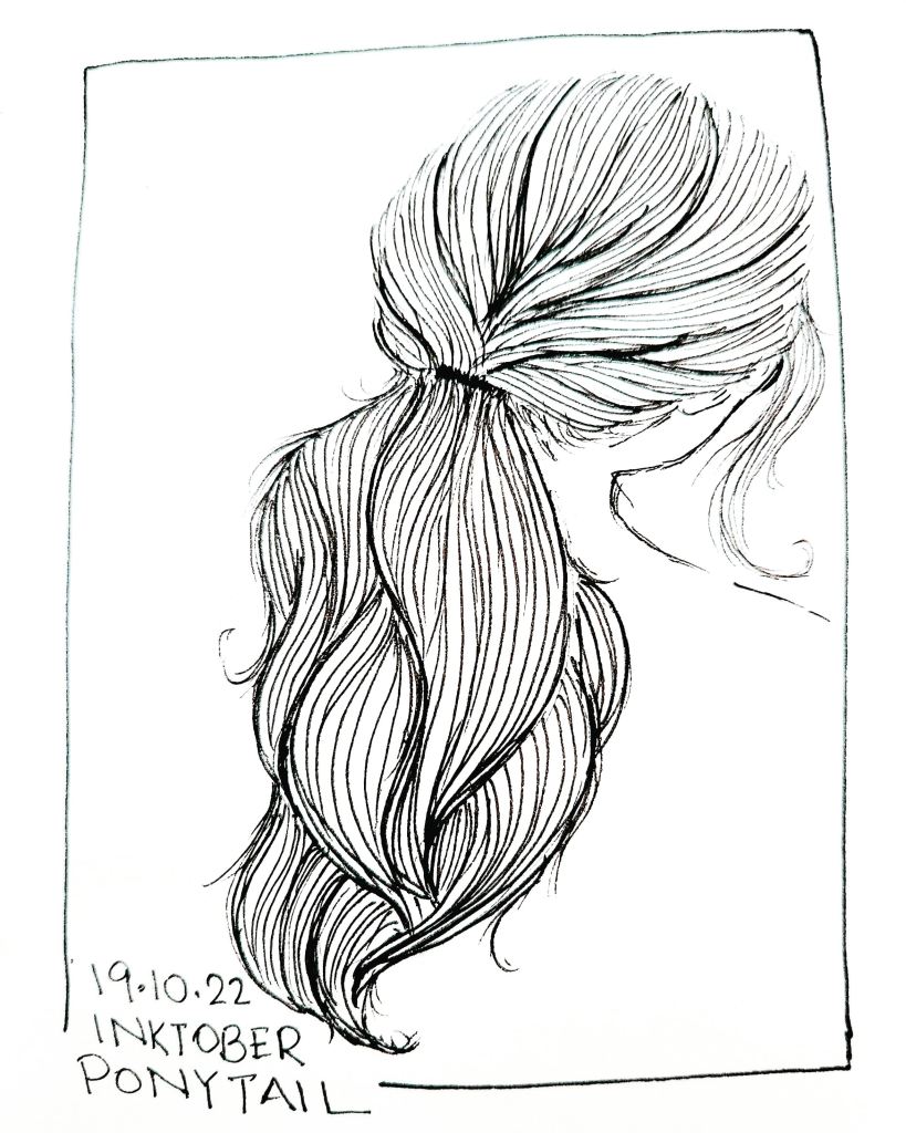 Inktober 2022 Day 19 prompt: ponytail. Pen and ink drawing of the back of a person's head with their long hair tied into a ponytail