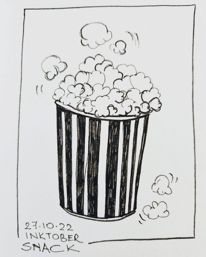 Inktober 2022 Day 27 prompt: Snack. Pen and ink drawing of a tub of popcorn