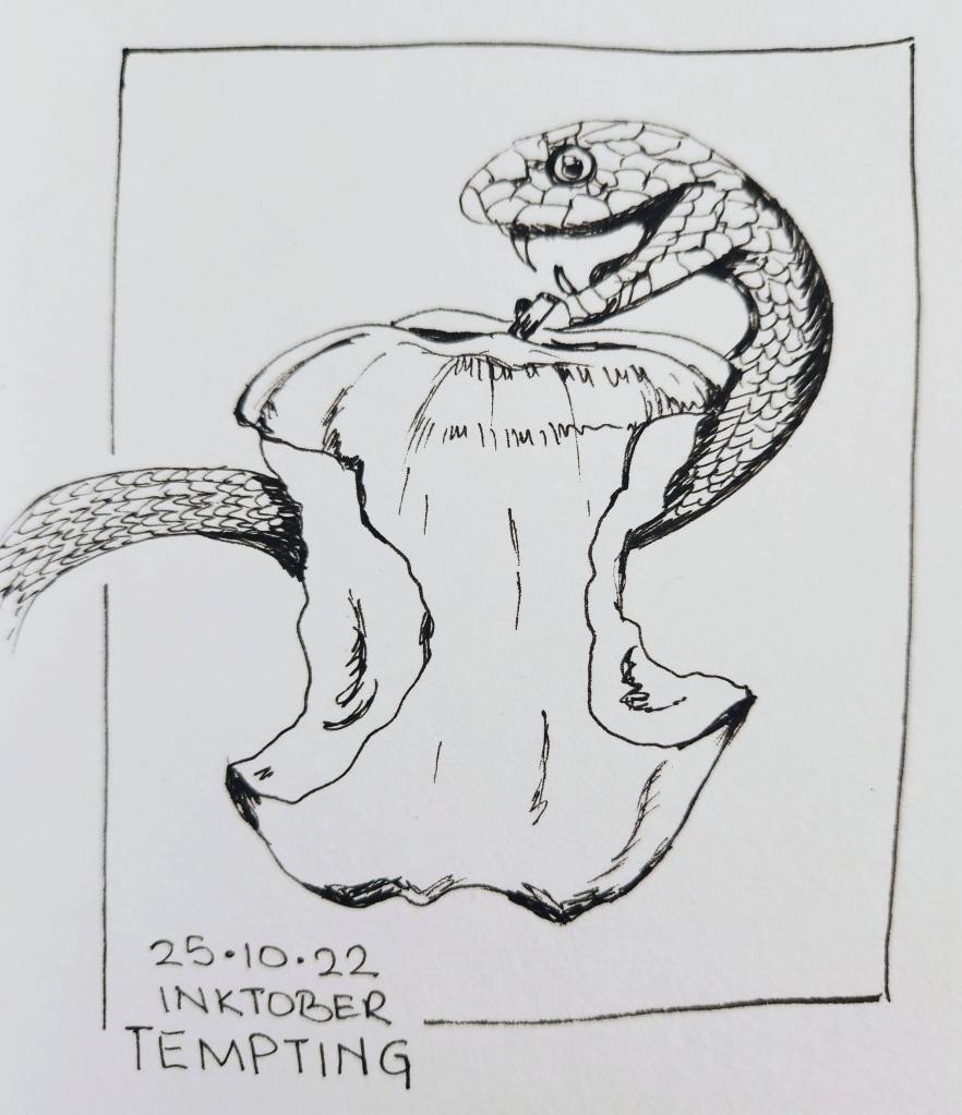 Inktober 2022 Day 25 prompt: Tempting. It is a drawing in black ink of an apple bitten on both sides with a snake crawling over it baring its fangs