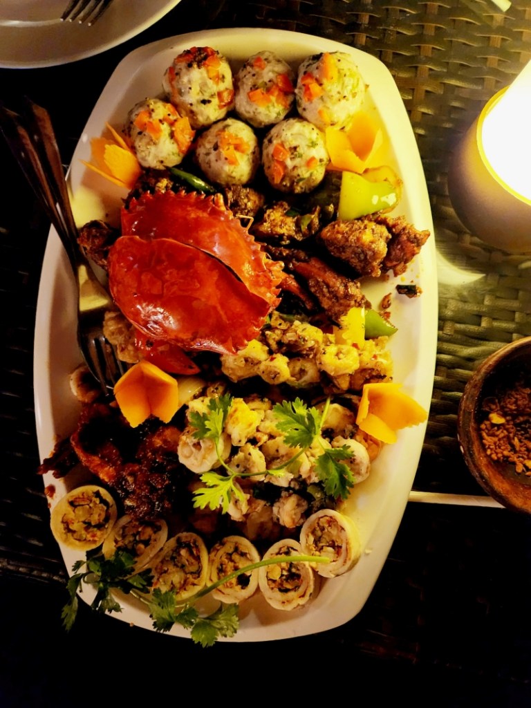 The seafood platter at Amaya hotel in seashell port Blair with a selection of prawns, crab, and squid