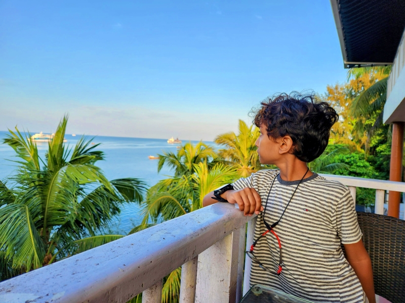 child in a striped tee shirt looking over the balcony railing at the tall palm trees and open sea beyond with large ships sailing