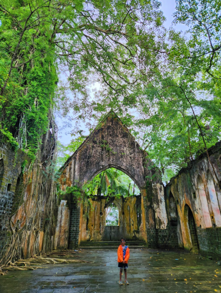 The ruins of an old church's interiors at Ross Island now overtaken by moss and greenery