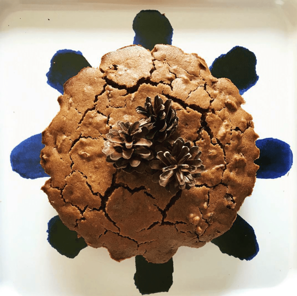 Christmas plum cake decorated with pine cones on a white and blue platter 