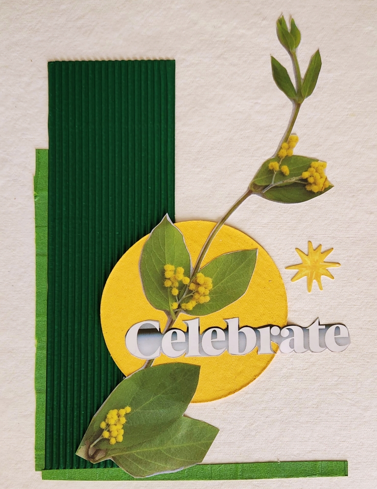 a simple collage of different green textured paper overlaid with a yellow circle. A twine of leaves stretches diagonally through the page and the word Celebrate is pasted on it