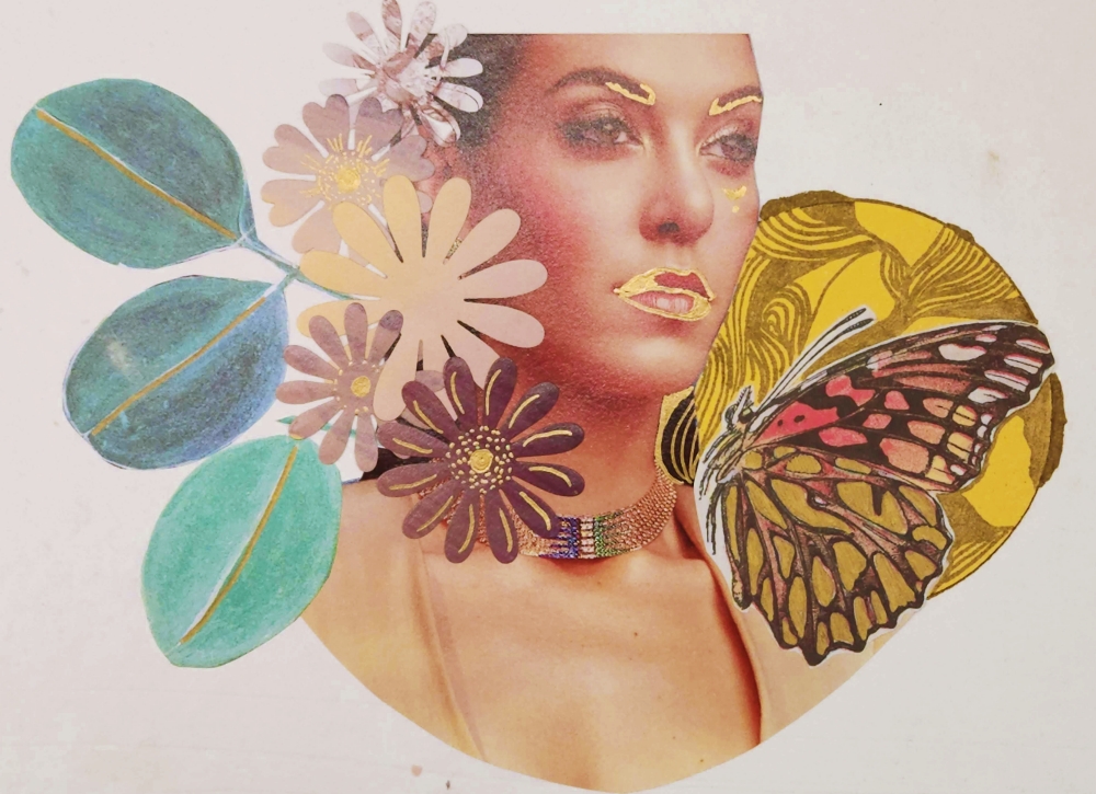 Collage of a woman's face and neck surrounded by images of