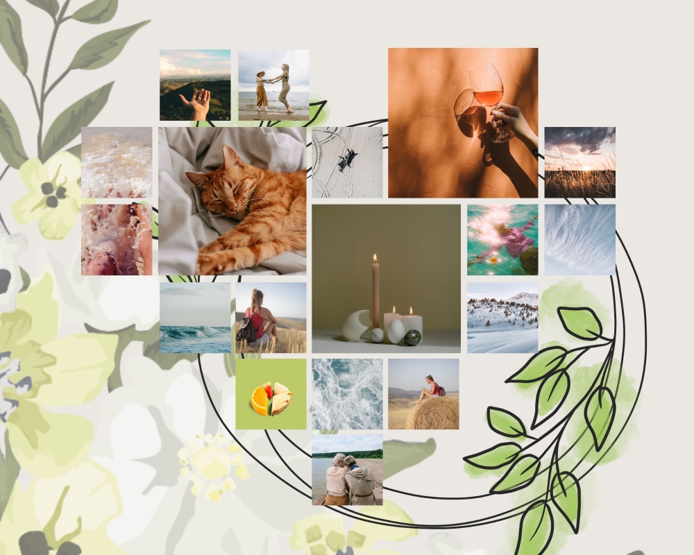 A collage of various pictures on a floral background. Digital Collage made on Canva
