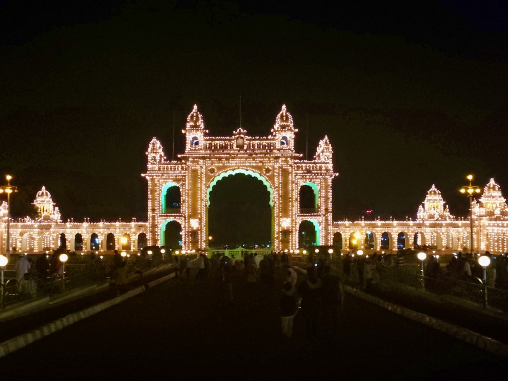 Jayamarthanda Gate located east of the mysore palace is fully lit up at night
