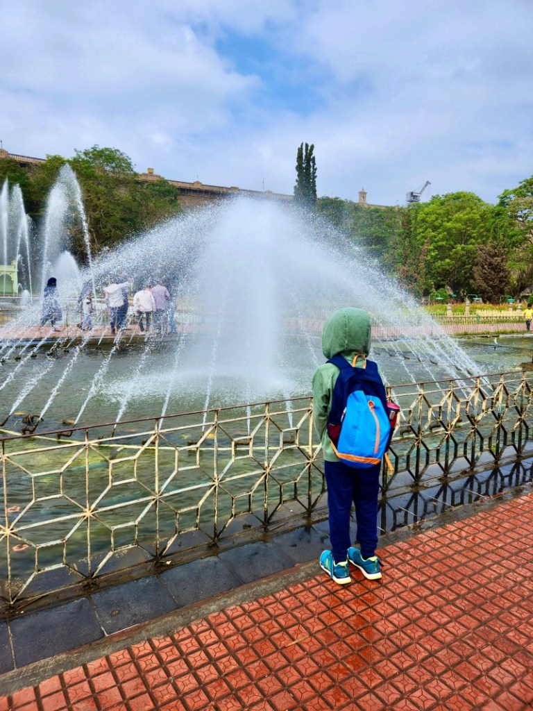 A boy with a backpack looking at a water fountain  in Mysore's Brindavan Gardens