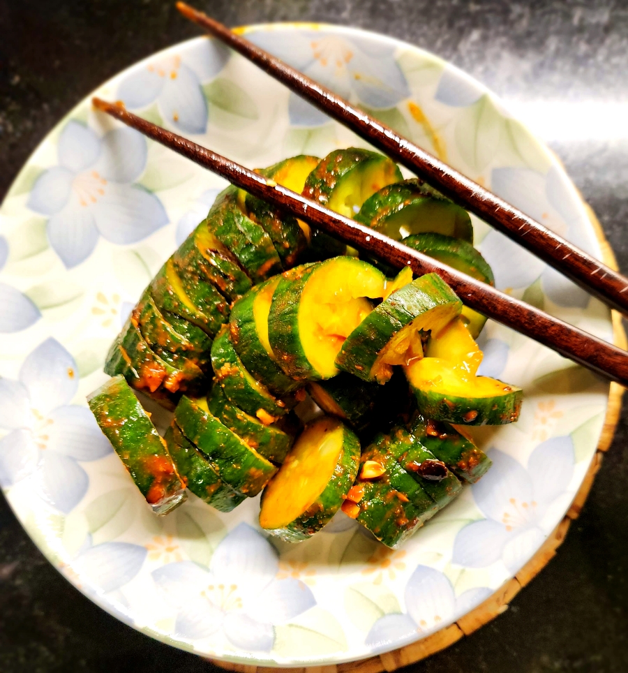 bowl of spiced cucumbers