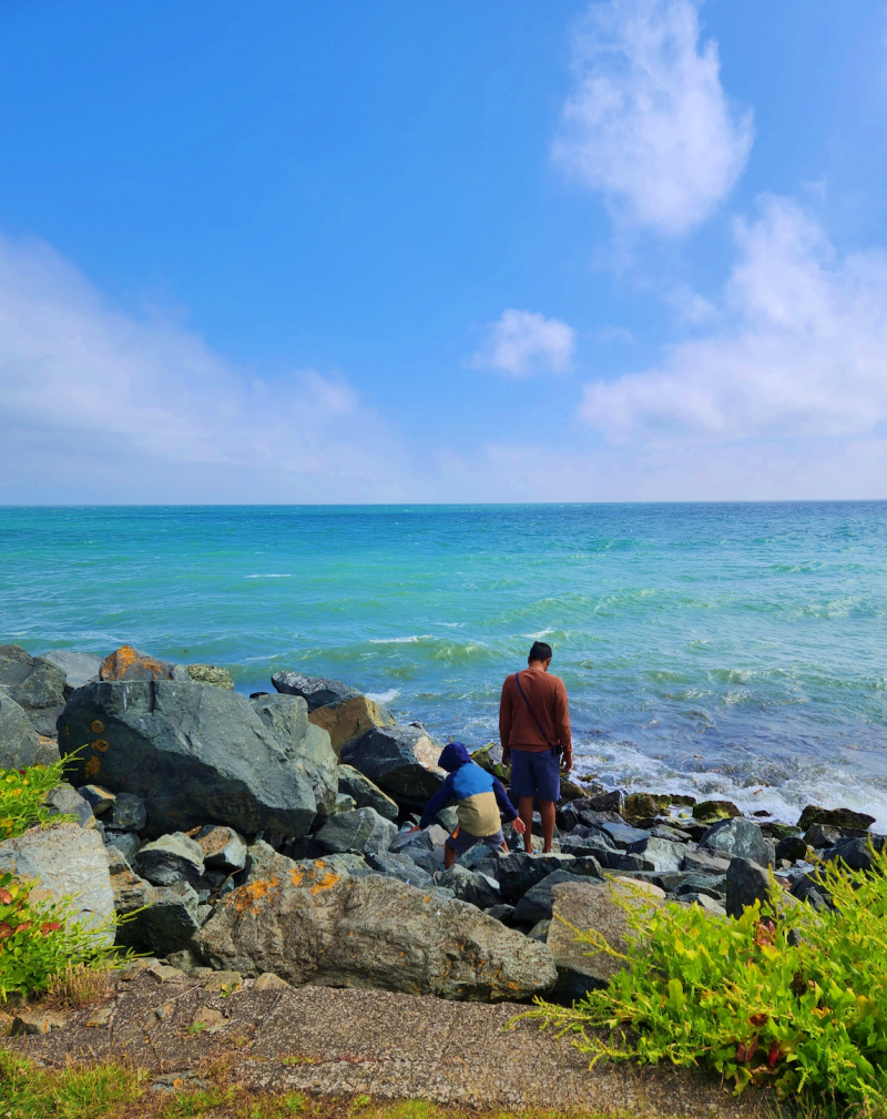 father and son on rocky shores with blue green sea ahead