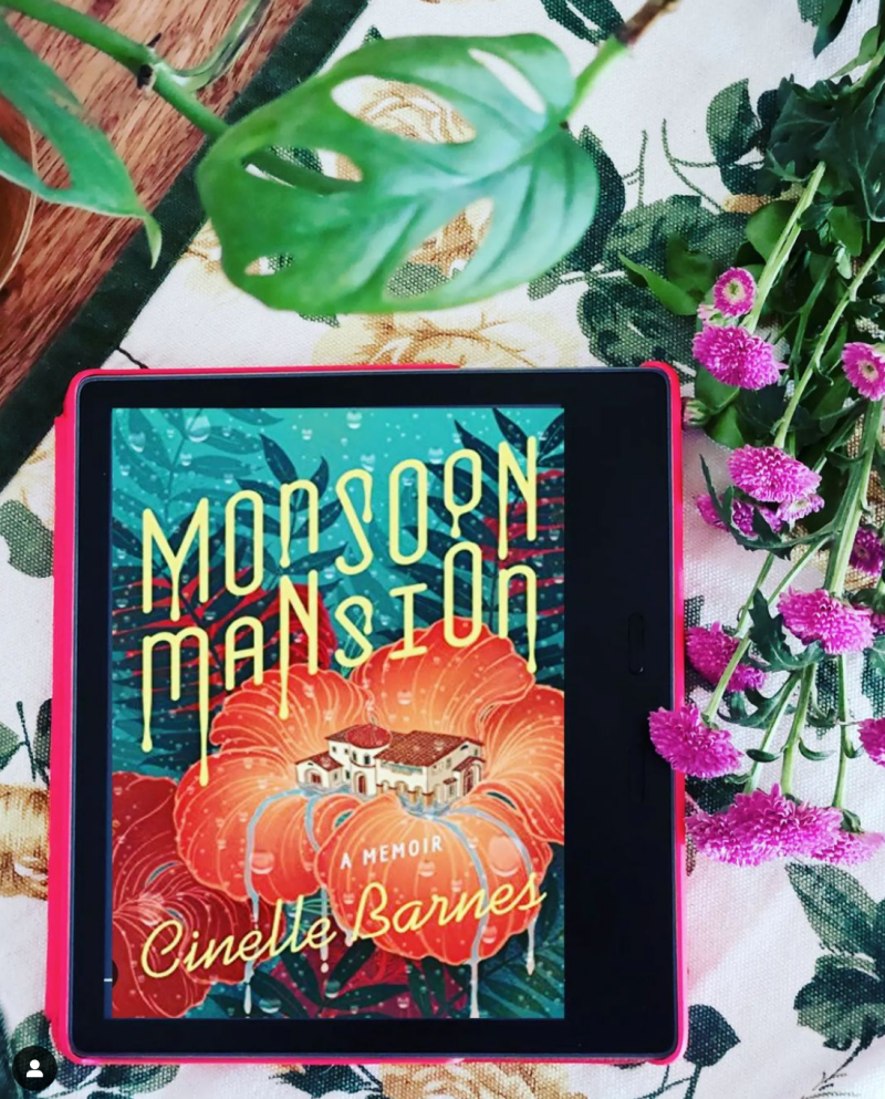 kindle book Monsoon Mansion by Cinelle Barnes surrounded by colourful flowers