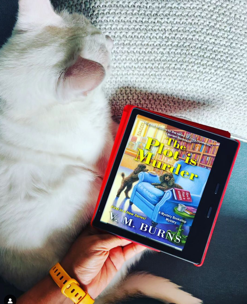 cat with kindle ebook of VM Burns - the plot is murder