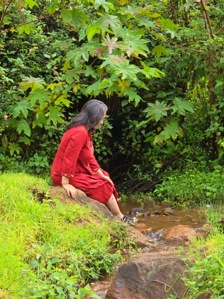 Getting feet wet in a stream of Madupatty Lake in Munnar