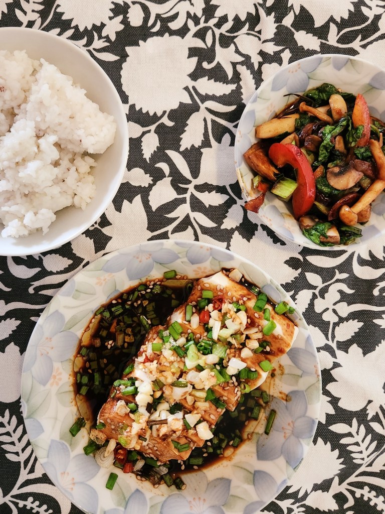Recipe for Silken Tofu with Soy and Garlic served with sticky rice and stir fry vegetables