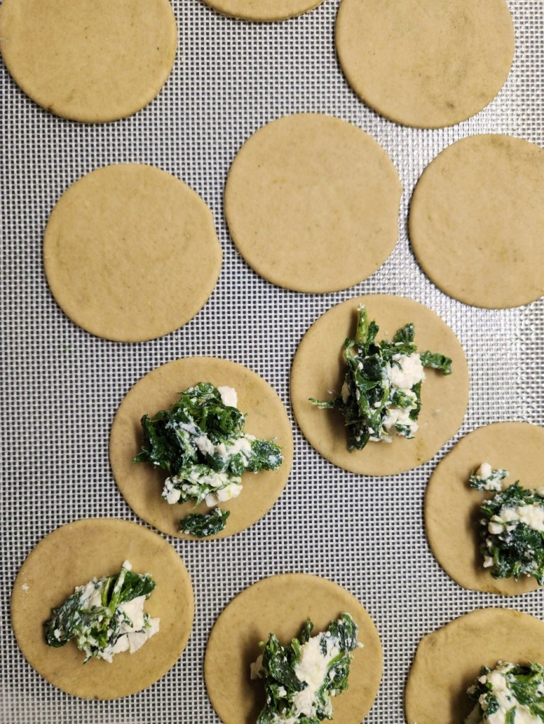 Ravioli rounds with spinach and Feta cheese mix