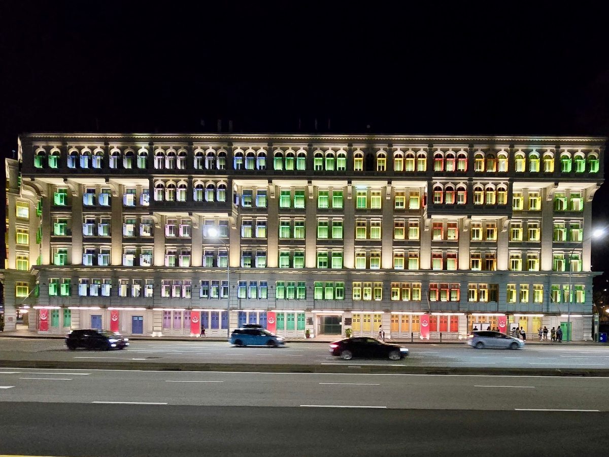 Singapore old police building rainbow windows at night