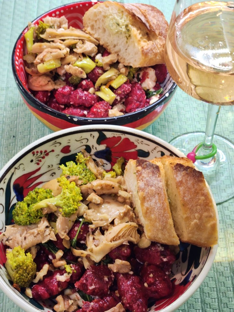 easy dinner ideas healthy Beetroot gnocchi with garlic bread