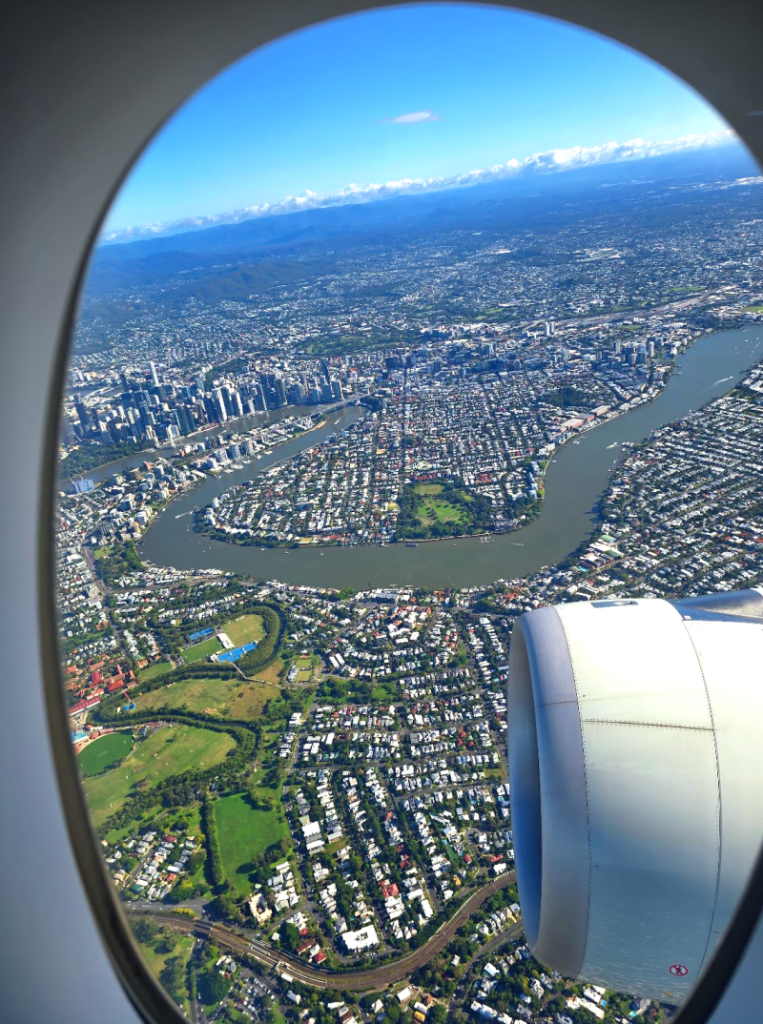View of Brisbane from the window seat of the aircraft